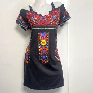 Black Cold Shoulder Aztec Print Dress Mexican Boho Sundress Size Large